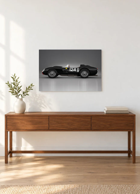 Midnight One Twenty-Four shown as horizontal acrylic wall art above a wooden console with a vase of leafy stems and stacked books.