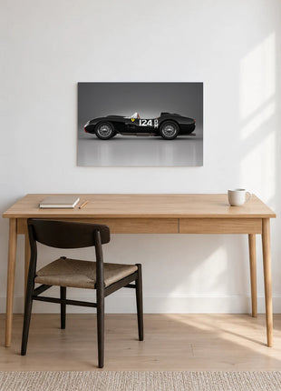 Midnight One Twenty-Four shown as horizontal acrylic wall art above a wooden desk with a notebook, pencil and white mug.