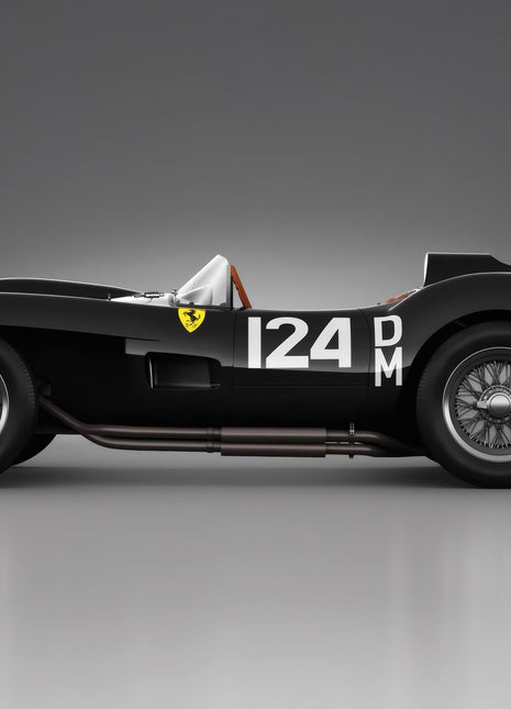 Black number 124 Ferrari racing barchetta facing left in side profile, with wire wheels and exposed silver side exhaust against gray.