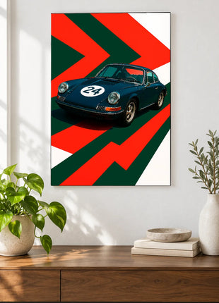 Midnight Twenty-Four car wall art displayed above a walnut console against a white wall