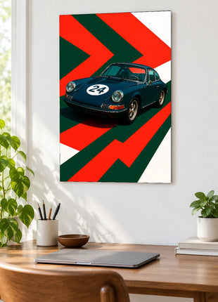 Midnight Twenty-Four car wall art displayed above a wooden desk against a white wall