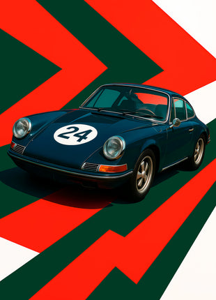 Dark teal number 24 classic sports coupe against red-orange and green chevrons; Midnight Twenty-Four artwork
