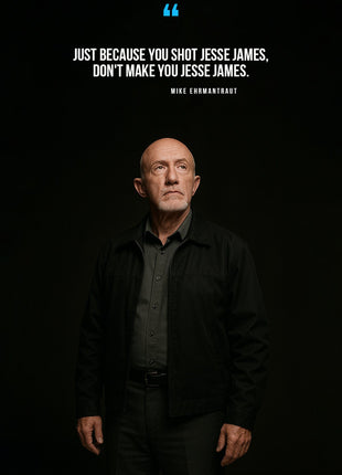 Mike Ehrmantraut in a dark portrait beneath white quotation text and a blue quotation mark.