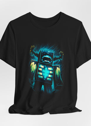 Draped front view of the black Minecraft Warden Sculk Glow Graphic T-Shirt.
