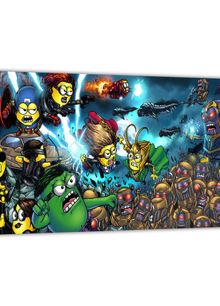 Parody Avengers minions versus villains battlefield scene by Brian Balando; gallery-wrapped, ready to hang.