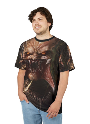 Model wearing the Predator Prey all-over T-shirt, three-quarter front view.