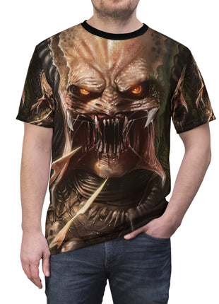 Model wearing the Predator Prey T-shirt, close front view.