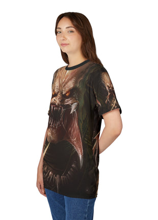 Model wearing the Predator Prey T-shirt from a side angle.