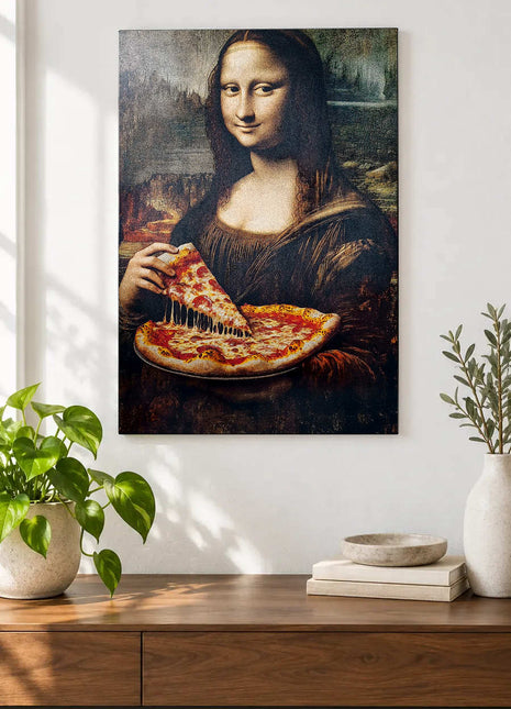 Mona Lisa-inspired portrait lifting a pizza slice with stretched cheese displayed above a console table in a room setting