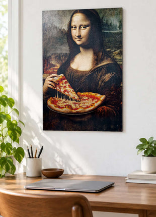 Mona Lisa-inspired portrait lifting a pizza slice with stretched cheese displayed above a desk in a room setting