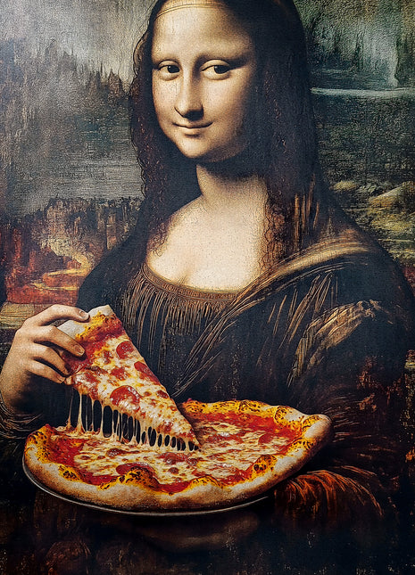 Mona Lisa-inspired portrait lifting a pizza slice with stretched cheese