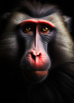 Front-facing monkey with coral brow and muzzle, gray cheek fur and amber eyes against black.