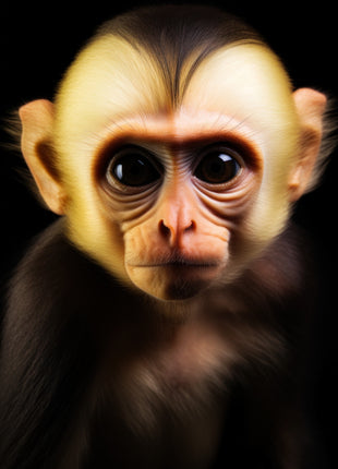 Small monkey with cream heart-shaped crown, large dark eyes and a dark chest against black.