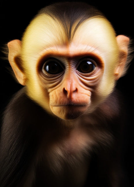 Small monkey with cream heart-shaped crown, large dark eyes and a dark chest against black.