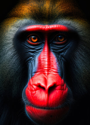 Stylized front-facing monkey with crimson nose, blue cheeks and amber eyes against black.