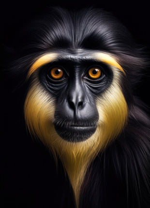 Dark monkey with golden eyebrow patches, a tapered golden beard and amber eyes against black.