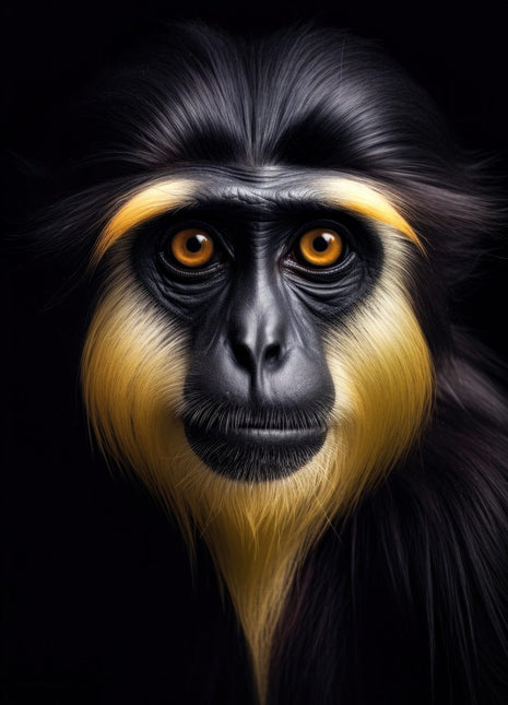 Dark monkey with golden eyebrow patches, a tapered golden beard and amber eyes against black.