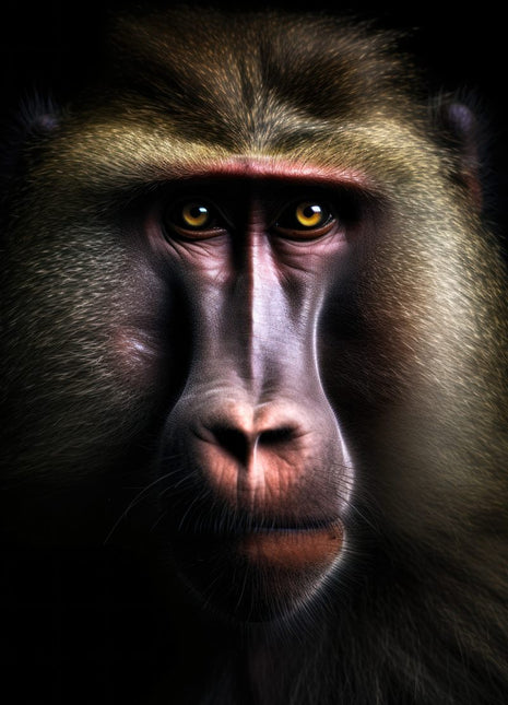Dark monkey with a long violet-gray muzzle, highlighted brow and golden eyes against black.