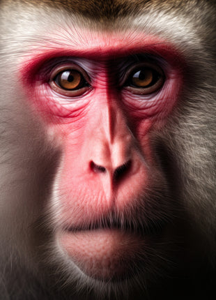 Close monkey portrait with a rose-red face, brown eyes and pale gray surrounding fur.