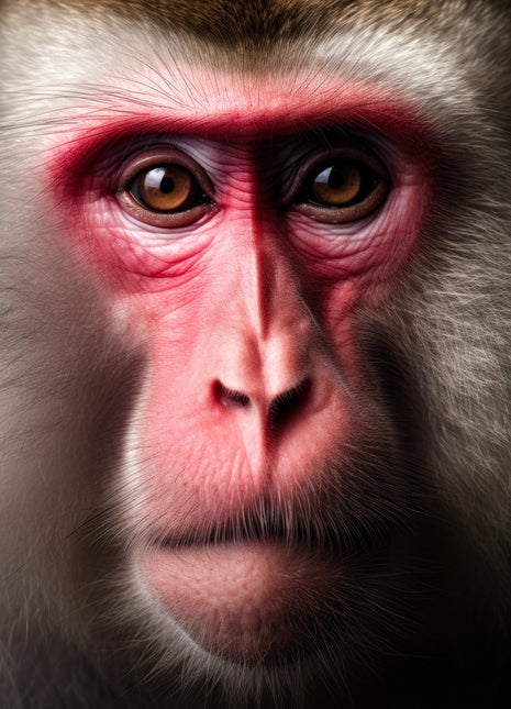 Close monkey portrait with a rose-red face, brown eyes and pale gray surrounding fur.