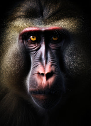 Long-faced monkey with rose-tinted brow and muzzle, golden eyes and dark fur against black.