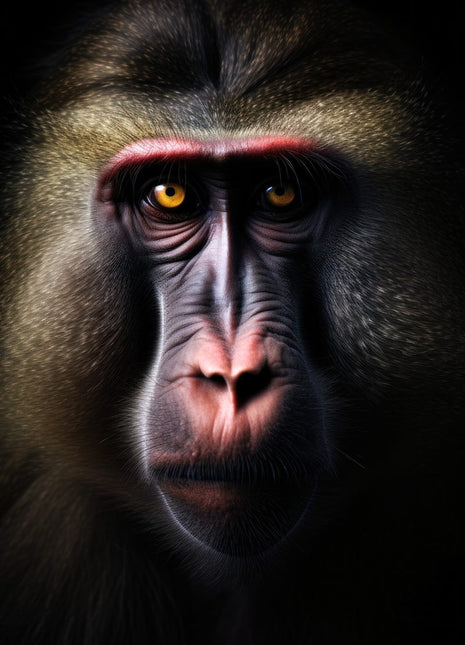 Long-faced monkey with rose-tinted brow and muzzle, golden eyes and dark fur against black.