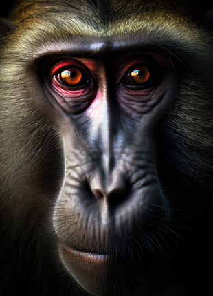 Close monkey portrait with long silver-gray muzzle, rust-colored eye rims and olive-brown fur.