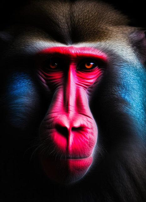 Stylized monkey facing forward with vivid red face, electric blue cheeks and dark crown against black.