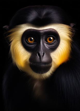 Dark monkey with golden cheek patches, black crown and bright round eyes against black.