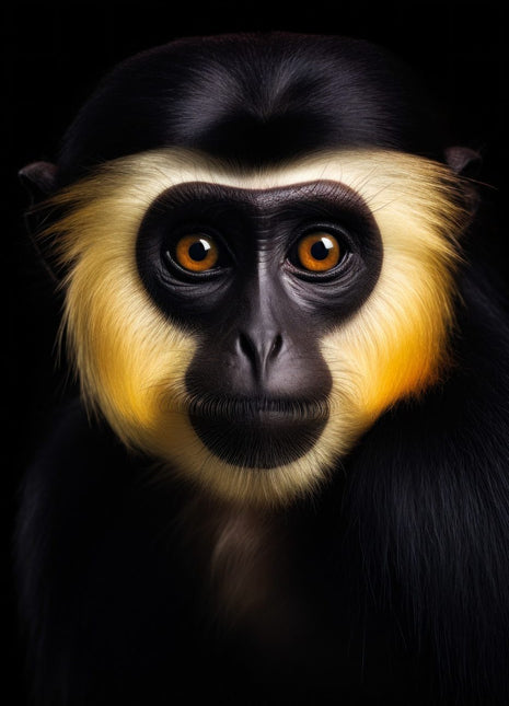 Dark monkey with golden cheek patches, black crown and bright round eyes against black.