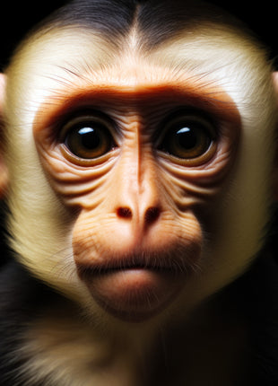 Close monkey face with large dark eyes, pale fur and softly wrinkled golden skin.