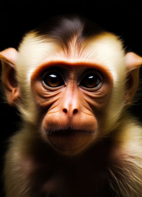 Monkey with pale cheeks, short dark crest, large glossy eyes and golden muzzle against black.