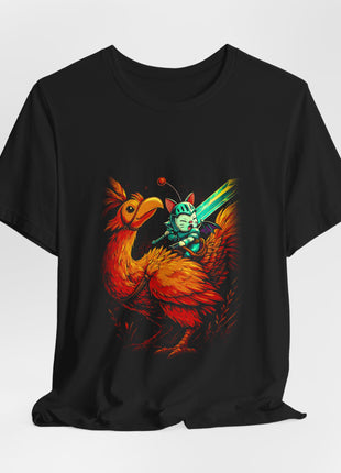 Draped front view of the black Moogle and Chocobo Fantasy Ride Graphic T-Shirt.