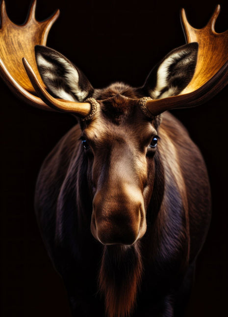 Moose facing forward with amber antlers, warm muzzle and long reddish-brown beard against black.