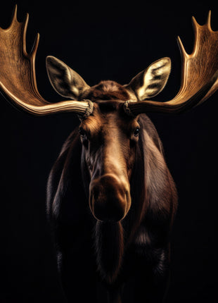 Dark moose facing forward beneath wide golden-brown antlers with a long beard against black.