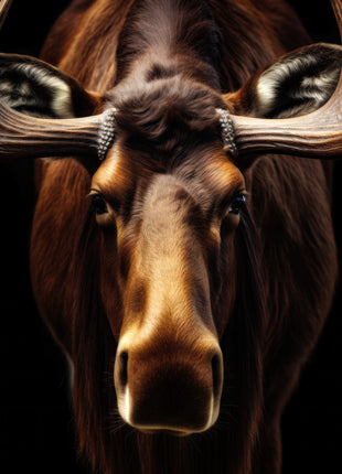 Close moose portrait with golden muzzle, horizontal antler branches and dark brown fur against black.