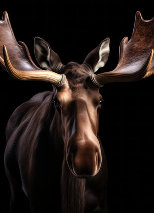 Dark brown moose facing forward with broad flattened antlers and a long muzzle against black.
