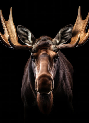 Front-facing moose with golden-edged antlers, alert ears and a dark shaggy coat on black.