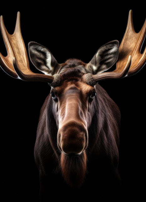 Front-facing moose with golden-edged antlers, alert ears and a dark shaggy coat on black.