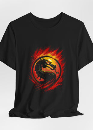 Draped front view of the black Mortal Kombat Flaming Dragon Emblem Graphic T-Shirt.