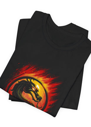 Folded view of the black Mortal Kombat Flaming Dragon Emblem Graphic T-Shirt.