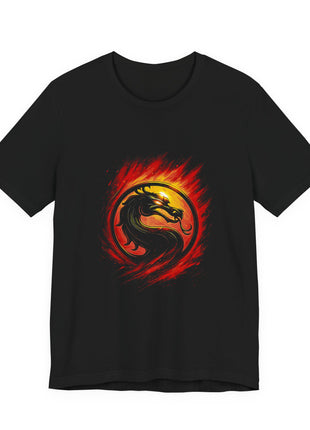 Front view of the black Mortal Kombat Flaming Dragon Emblem Graphic T-Shirt.