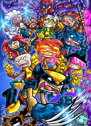 Mutant Mayhem Marvel wall art by Jeff Benitez featuring chibi X-Men heroes in a crowded action scene.