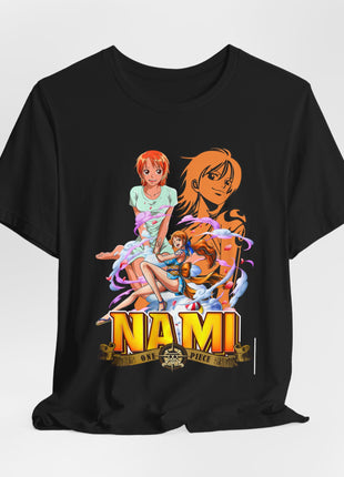 Draped front view of the black Nami Orange Portrait Cloud Collage Graphic T-Shirt.