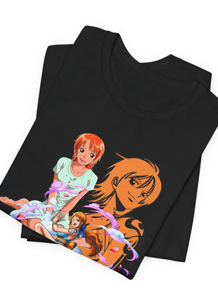 Folded black Nami Orange Portrait Cloud Collage Graphic T-Shirt showing a close view of the printed character artwork.