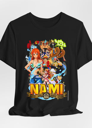 Draped front view of the black Nami Straw Hat Crew Water Collage Graphic T-Shirt.