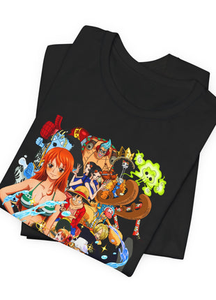 Folded black Nami Straw Hat Crew Water Collage Graphic T-Shirt showing a close view of the printed character artwork.