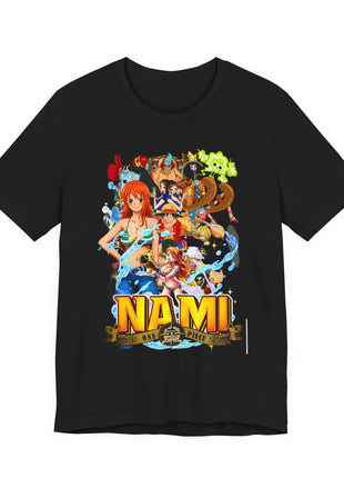 Front of a black T-shirt featuring Nami in front of a Straw Hat crew collage with blue water ribbons and gold name lettering.
