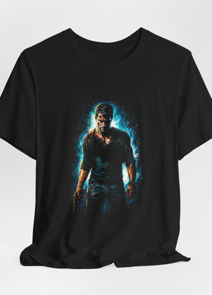 Draped black T-shirt with gathered hem showing Nathan Drake with a lowered pistol, blue shirt and brown shoulder straps against a cyan halo.