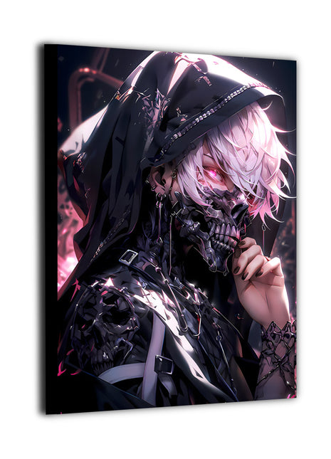 Dark cyberpunk anime artwork featuring a hooded character with futuristic mask and neon lighting, high-detail canvas wall art
